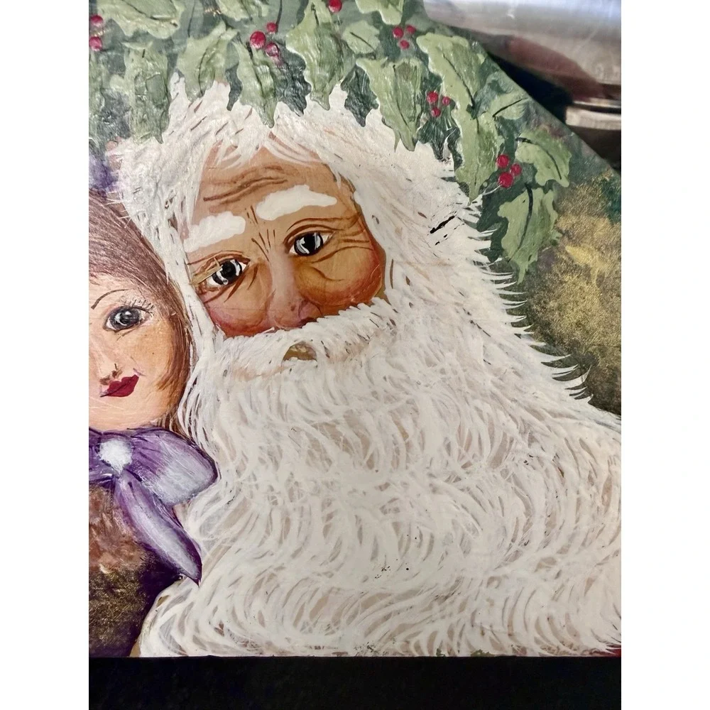 Signed Hand Painted Santa Child Wood Shelf Sitter Folk Art Christmas 1994